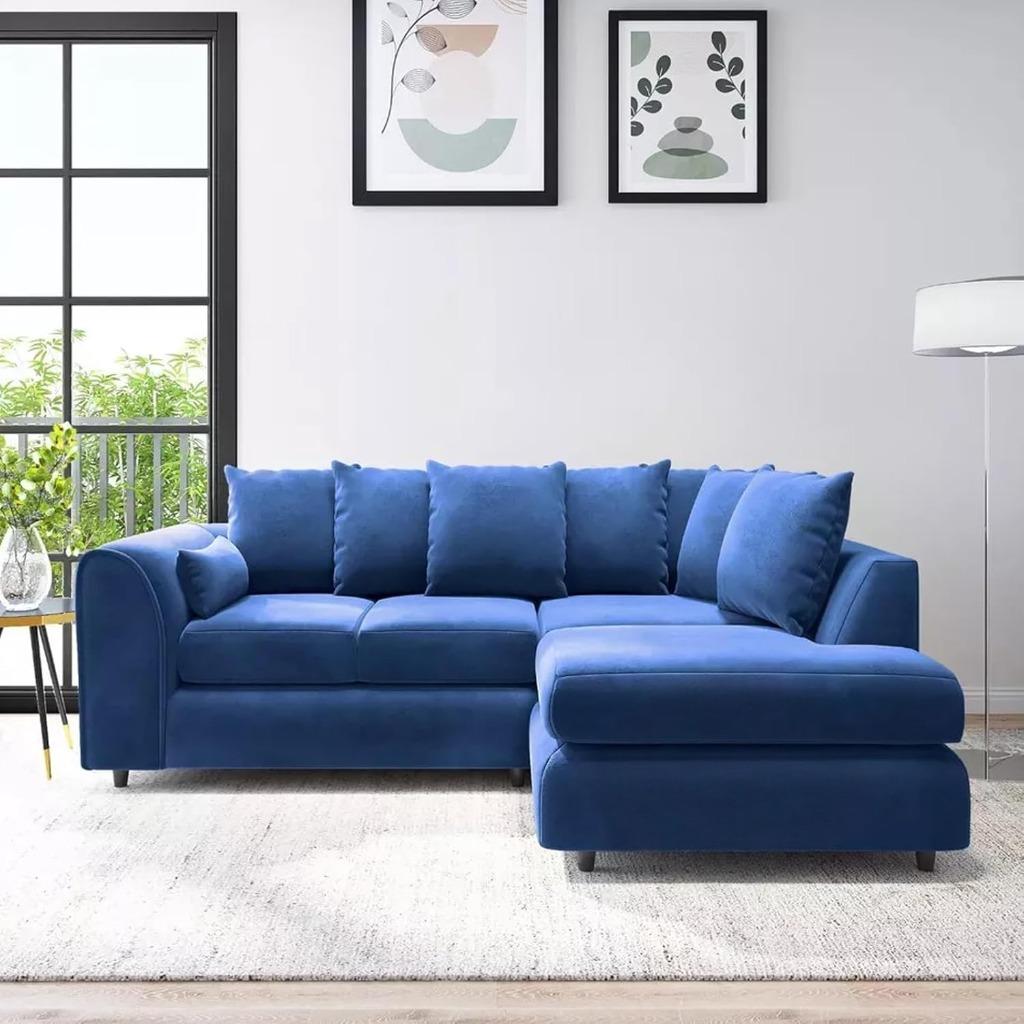 DELANO Plush Velvet 4 Seater L Shaped Scatterback Corner Sofa - Midnight Blue, Right Hand Facing - Home Done