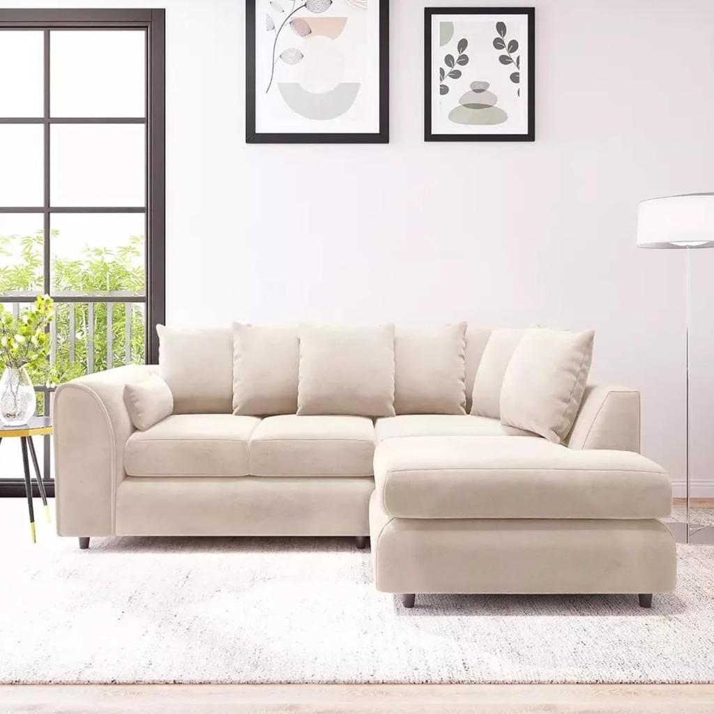 DELANO Plush Velvet 4 Seater L Shaped Scatterback Corner Sofa - Cream, Right Hand Facing - Home Done