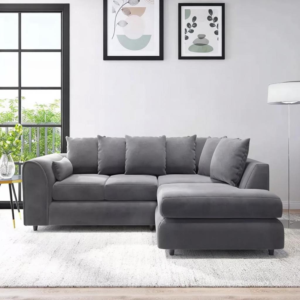 DELANO Plush Velvet 4 Seater L Shaped Scatterback Corner Sofa - Dark Grey, Right Hand Facing - Home Done