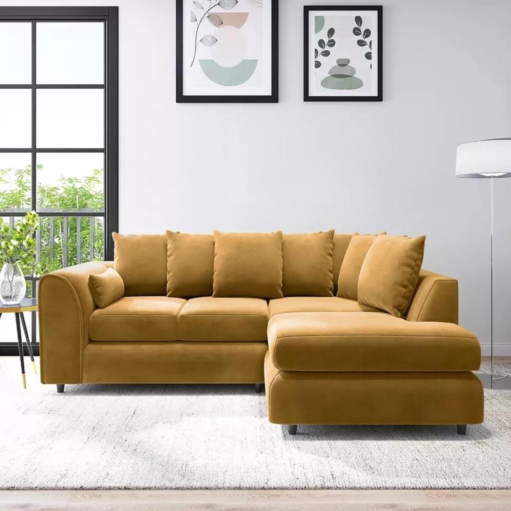 DELANO Plush Velvet 4 Seater L Shaped Scatterback Corner Sofa - Mustard, Right Hand Facing - Home Done