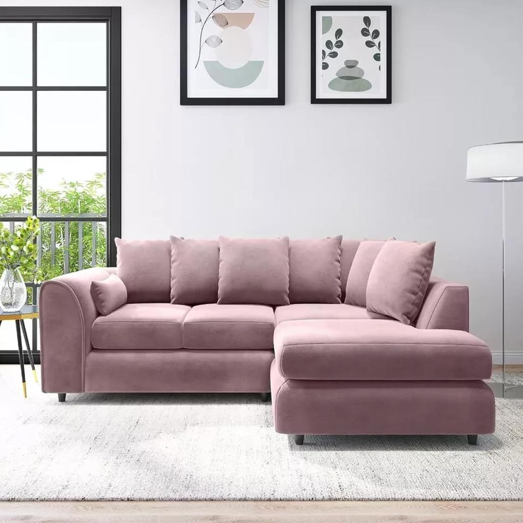 DELANO Plush Velvet 4 Seater L Shaped Scatterback Corner Sofa - Pink, Right Hand Facing - Home Done