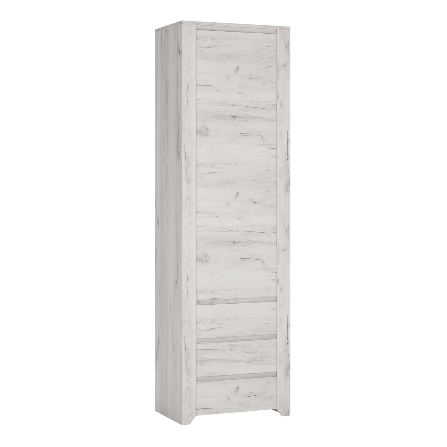 Angel Tall Narrow One Door 3 Drawer Narrow Cupboard - White Craft Oak - Rosalind Collection