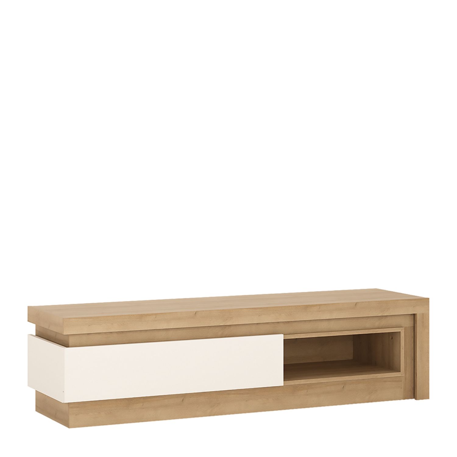 Lyon 1 drawer TV cabinet with open shelf (including LED lighting) - Riviera Oak/White high gloss - Rosalind Collection