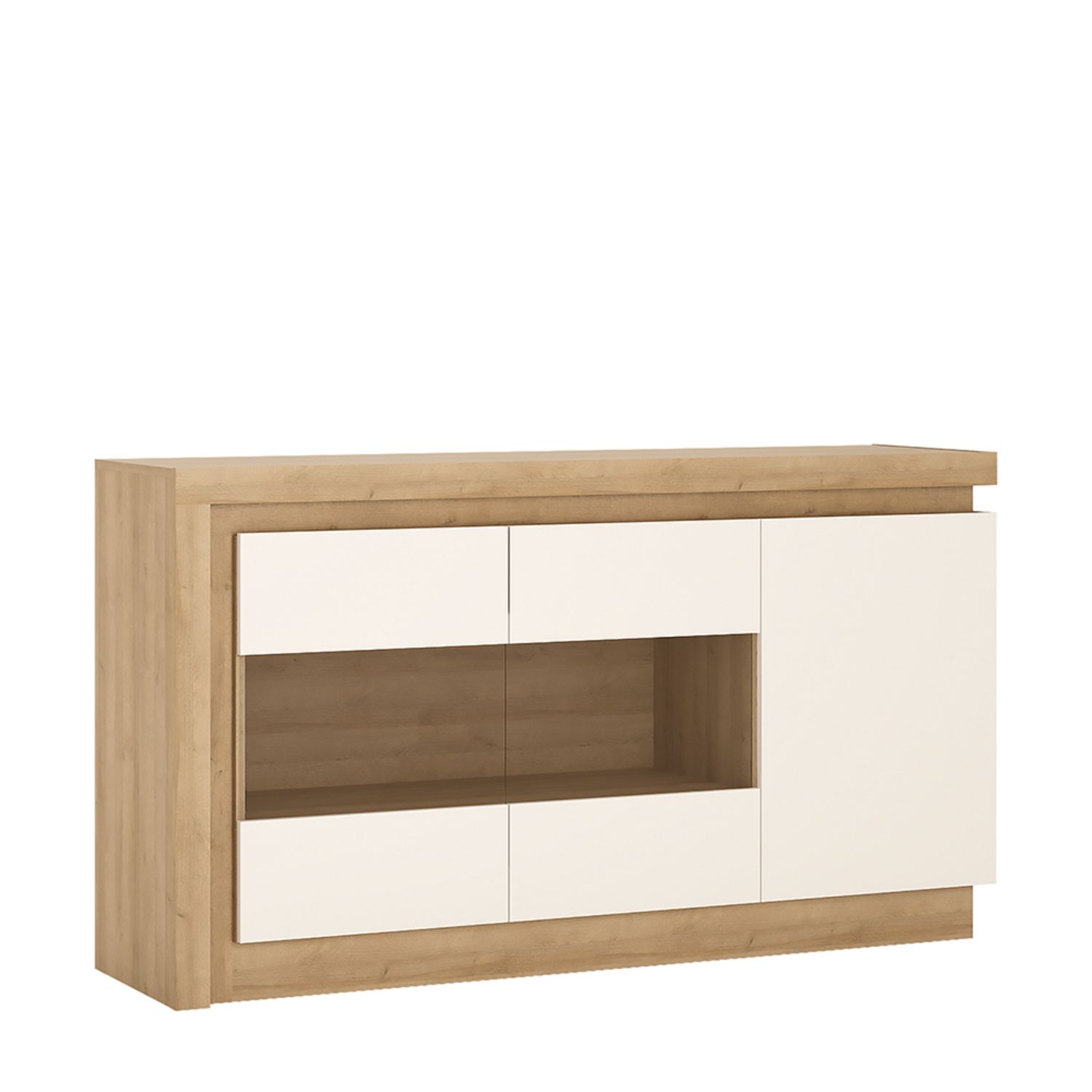 Lyon 3 door glazed sideboard (including LED lighting) - Riviera Oak/White high gloss - Rosalind Collection