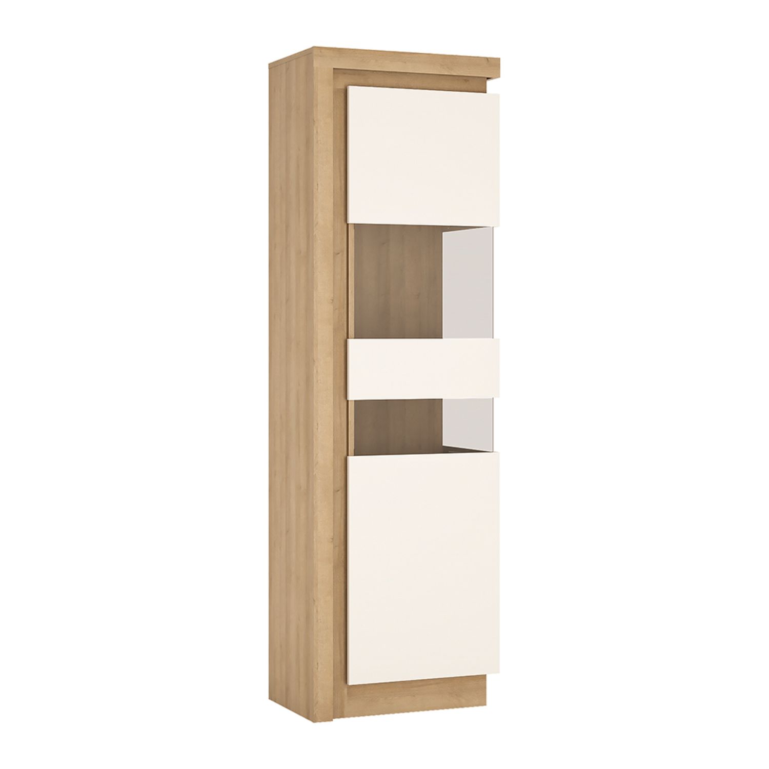 Lyon Tall narrow display cabinet (RHD) (including LED lighting) - Riviera Oak/White high gloss - Rosalind Collection