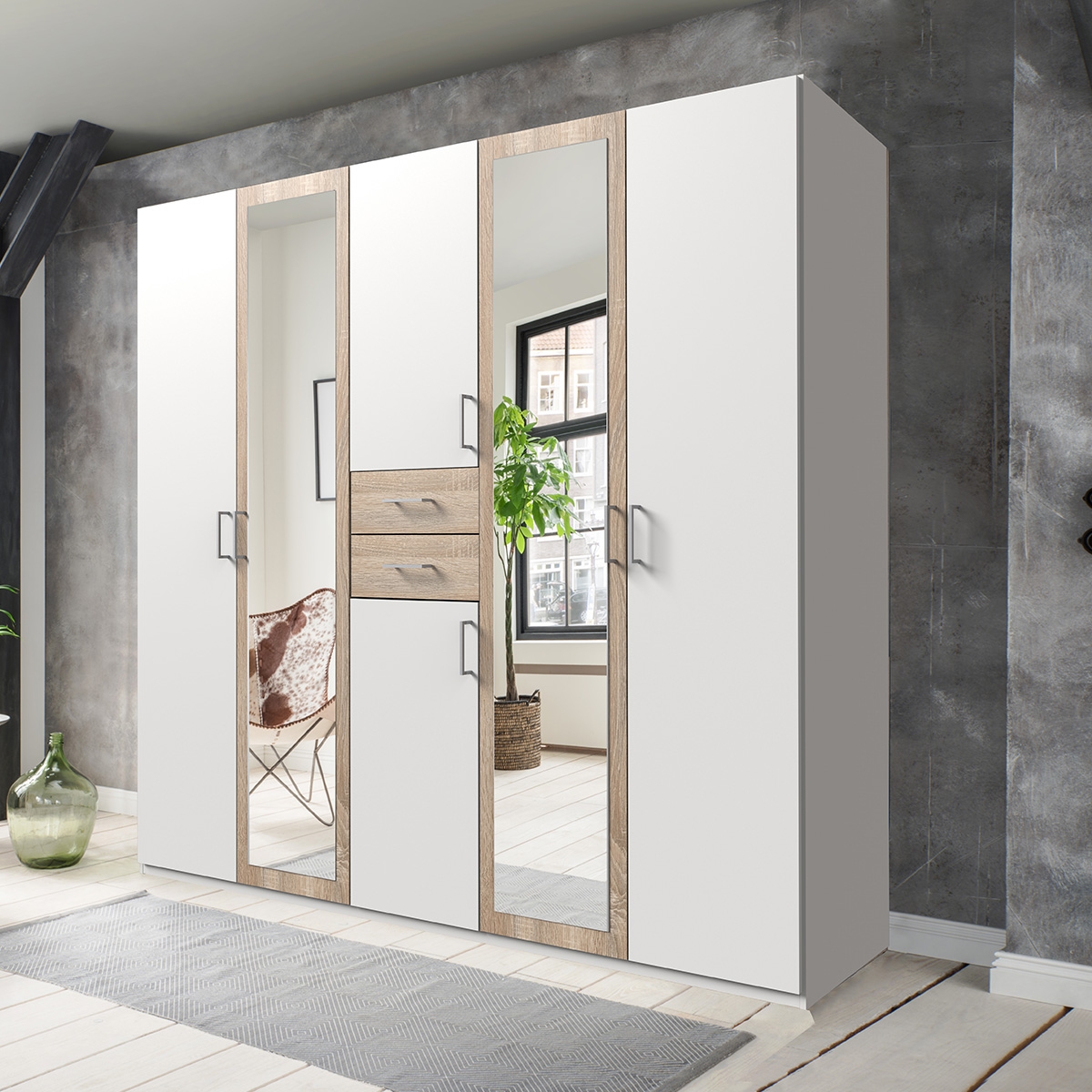 Wardrobe - DAKAR 5 Door Wardrobe White and Oak 225cm - Wimex Distribution