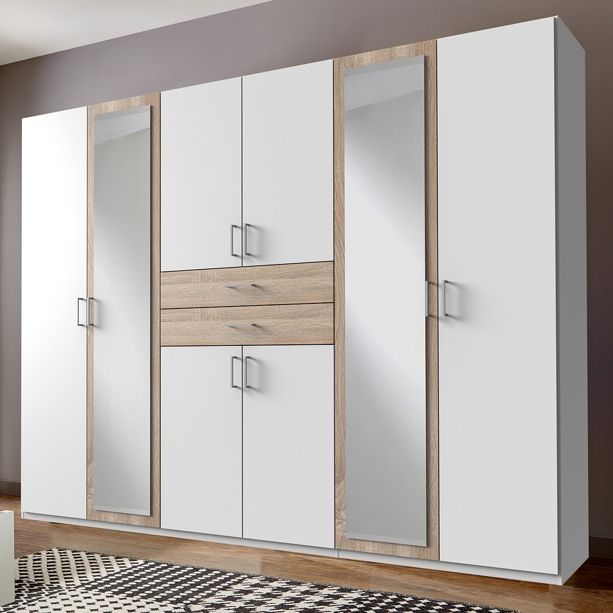 Wardrobe - DAKAR 6 Door Wardrobe White and Oak 270cm - Wimex Distribution