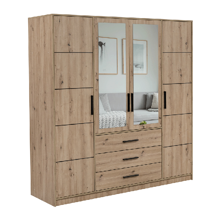 AVERTON 4 Door Mirrored Wardrobe with 3 Drawers Medium Oak - 196cm - Avellino & Wells