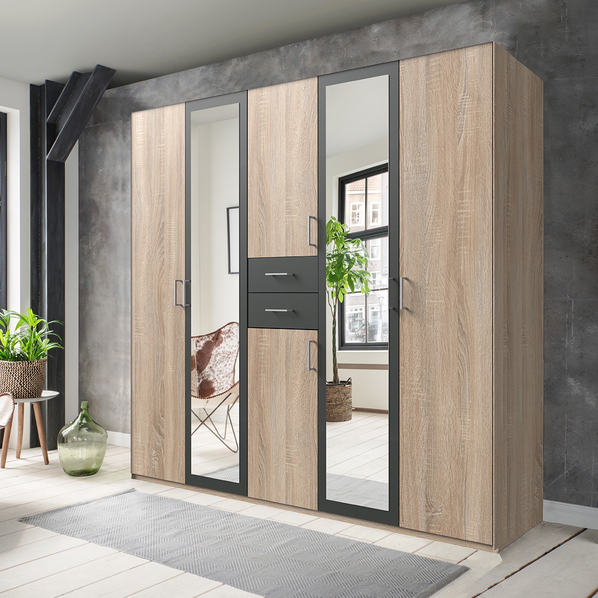 Wardrobe - DAKAR 5 Door Wardrobe Oak and Graphite 225cm - Wimex Distribution