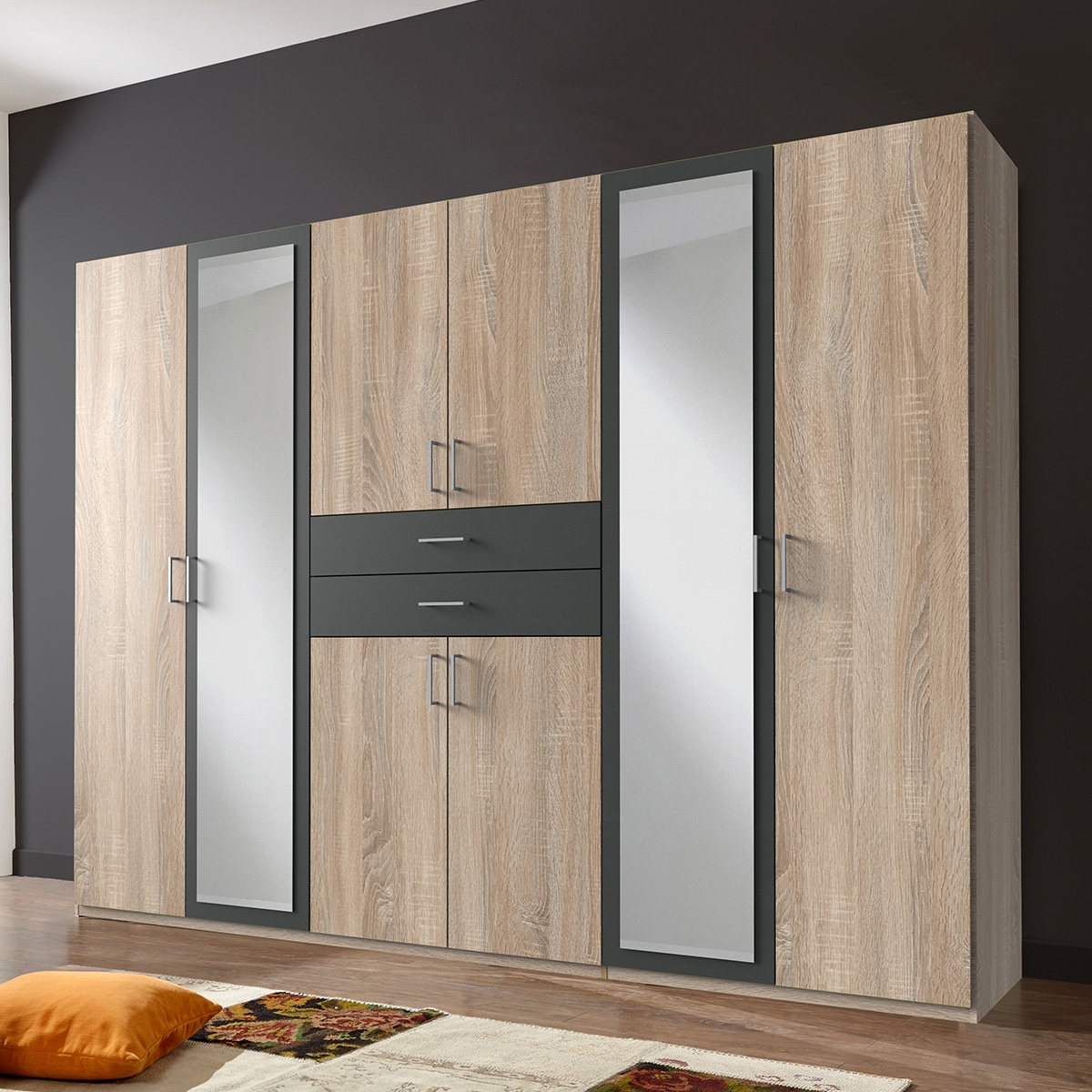 DAKAR 6 Door Mirrored Wardrobe Oak and Graphite - 270cm - Wimex Distribution