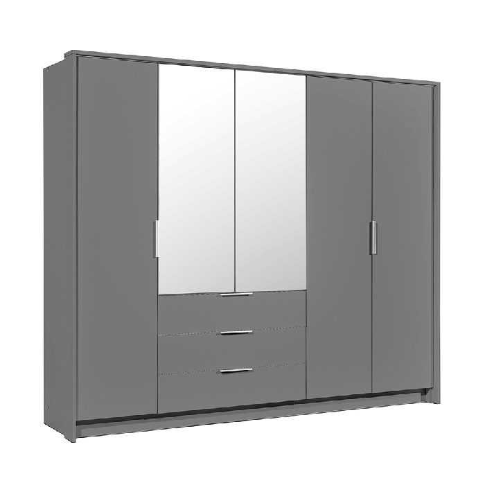 LUCARI 5 Door Mirrored Wardrobe with 3 Drawers Grey - 255cm - Avellino & Wells