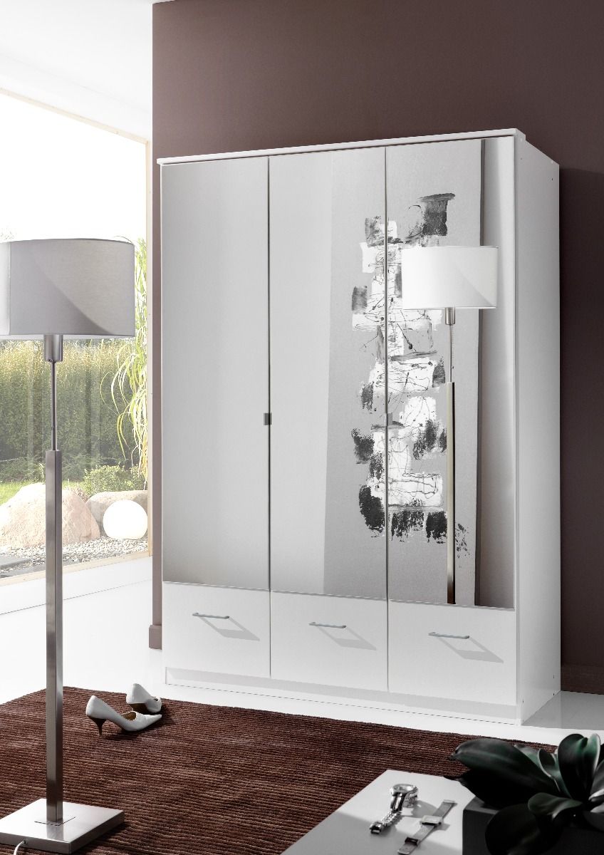 Wardrobe - INAGU 3 Door 3 Drawer Mirrored Wardrobe White 135cm - Wimex Distribution