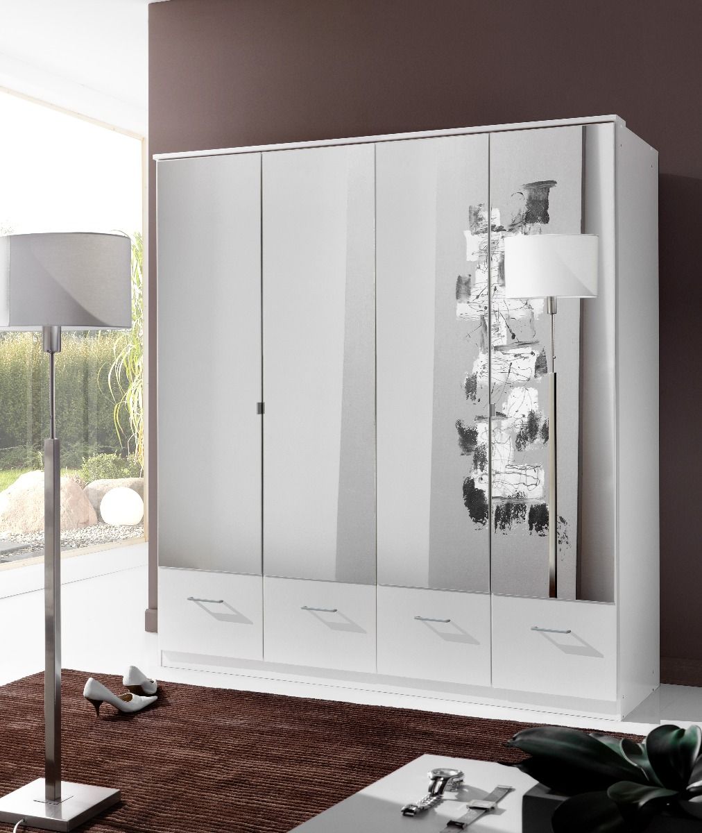 Wardrobe - INAGU 4 Door 4 Drawer Mirrored Wardrobe White 180cm - Wimex Distribution