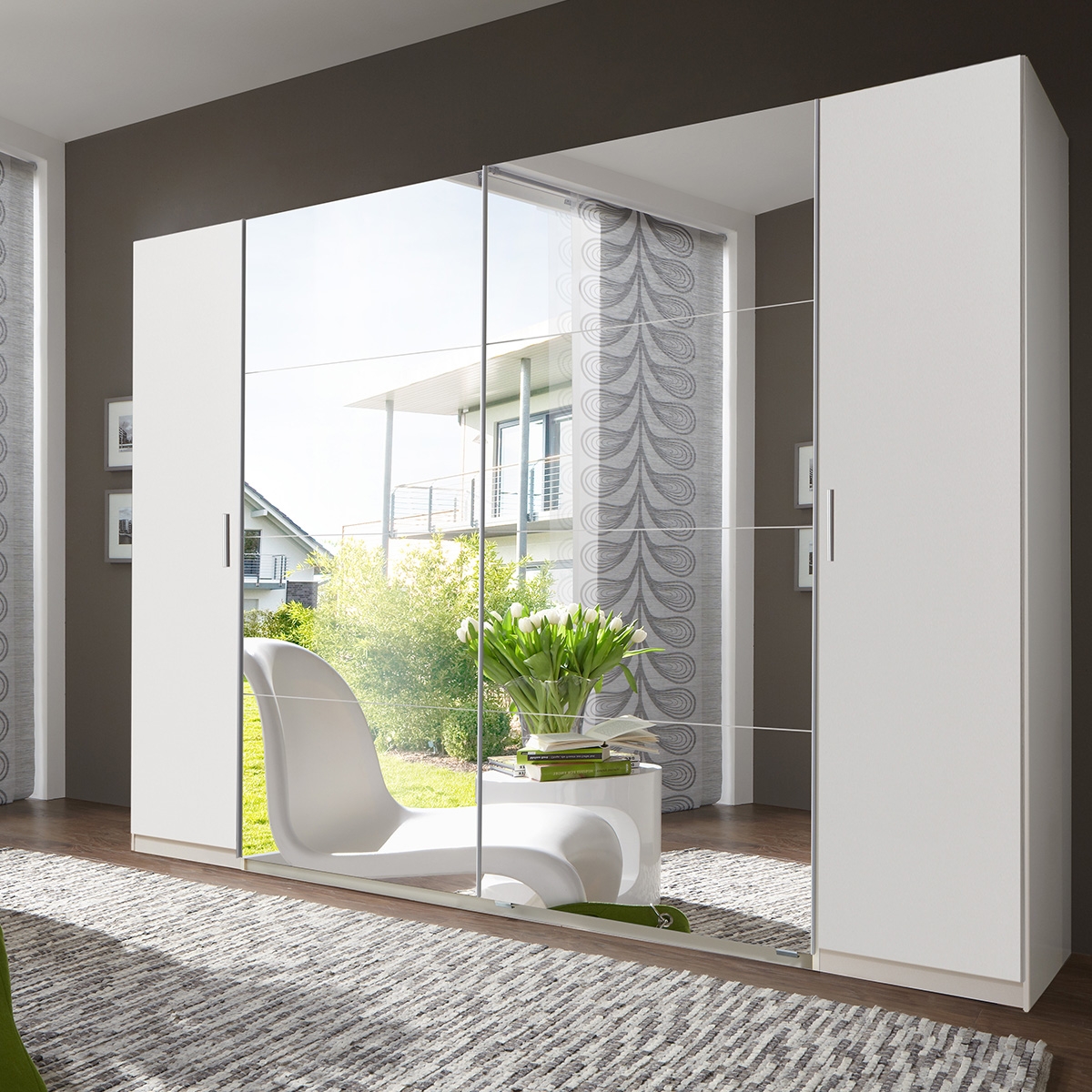 Sliding Wardrobe - LANTAU 4 Door Mirrored Wardrobe White 227cm - Wimex Distribution