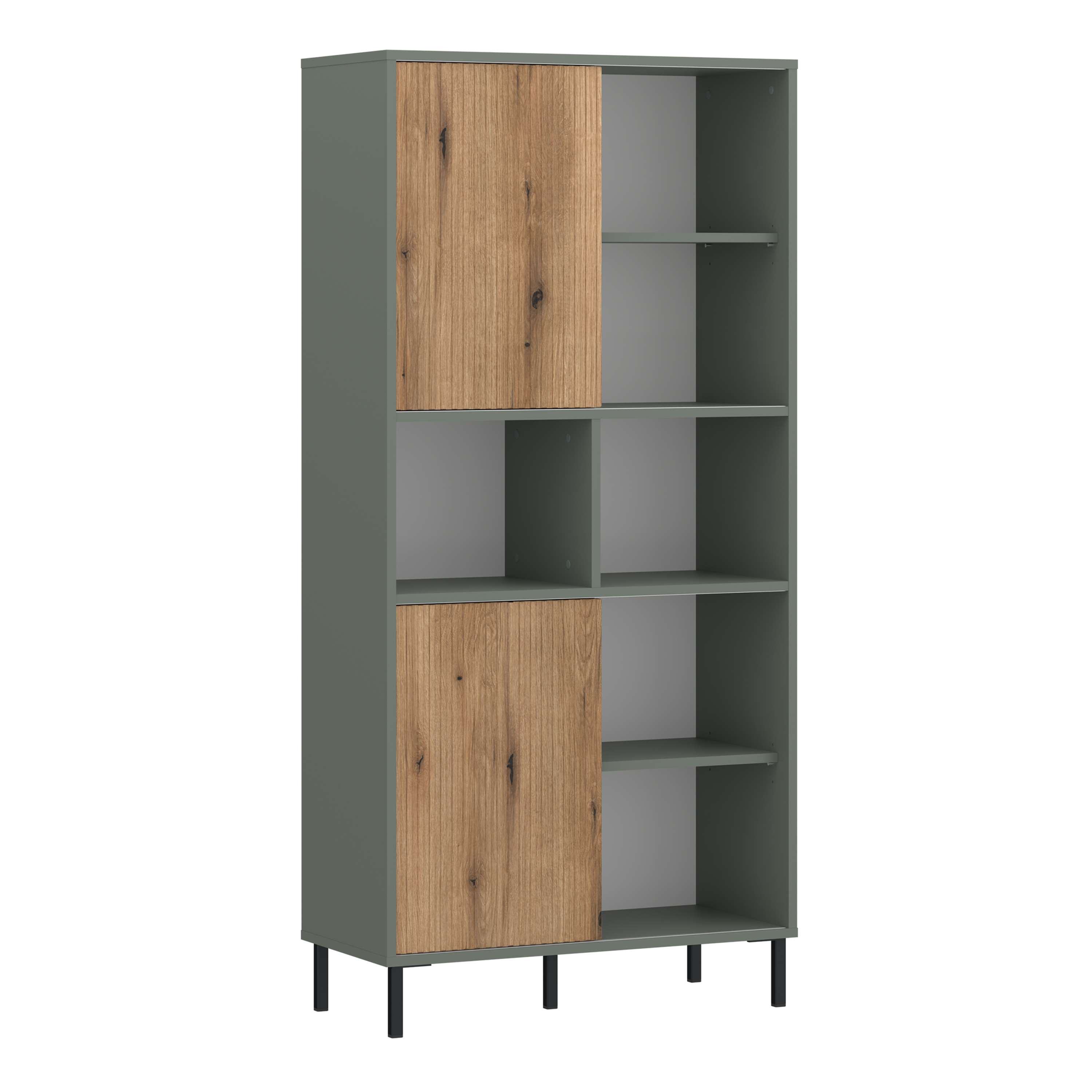Bookcase - DARWIN 2 Door Bookcase Green and Oak 75cm - Rosalind Collection