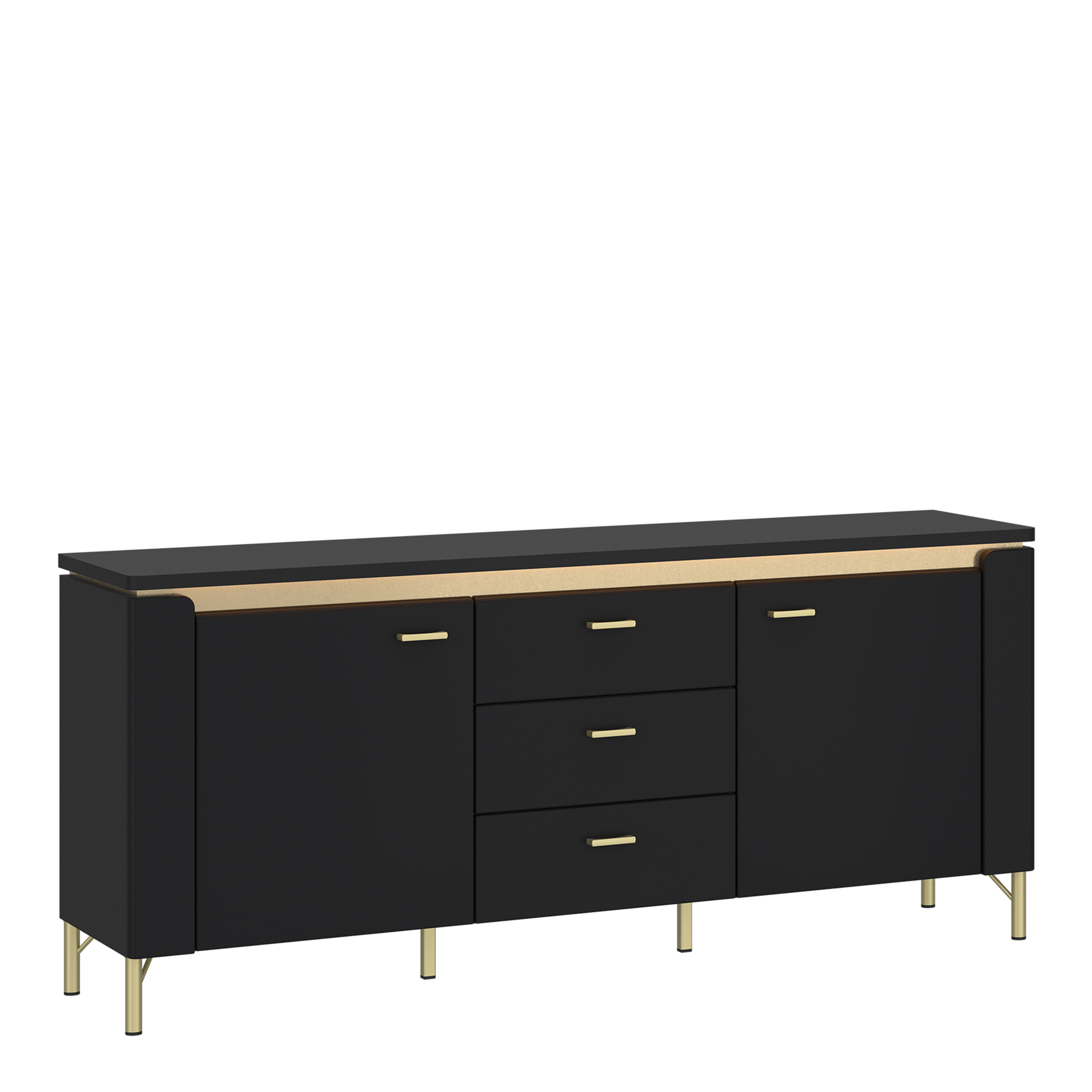 TV Stand - GENOA 2 Door 3 Drawer Media Unit Black Matt and Gold 155.3cm - Rosalind Collection