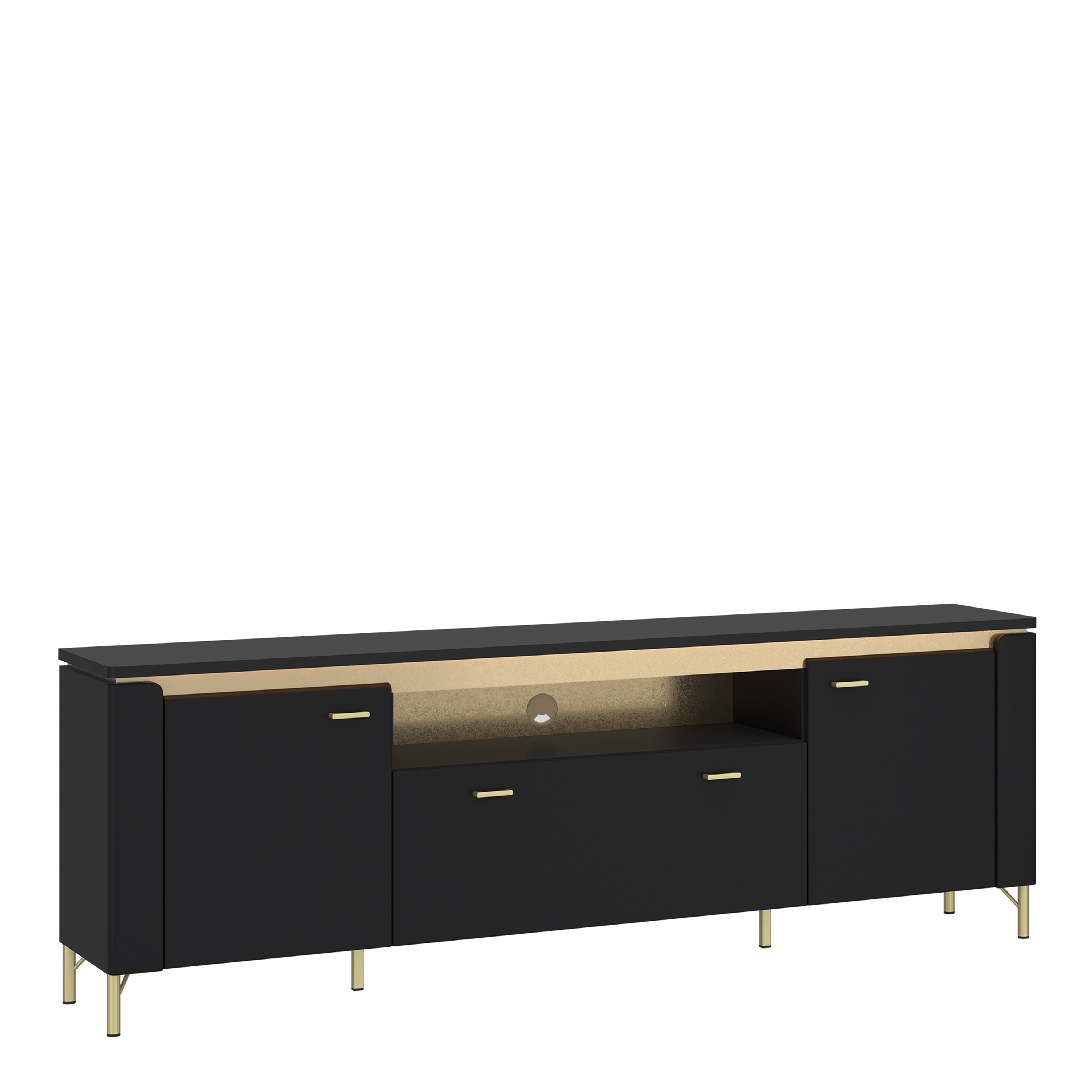 TV Stand - GENOA 2 Door 1 Drawer Media Unit Black Matt and Gold 200.3cm - Rosalind Collection