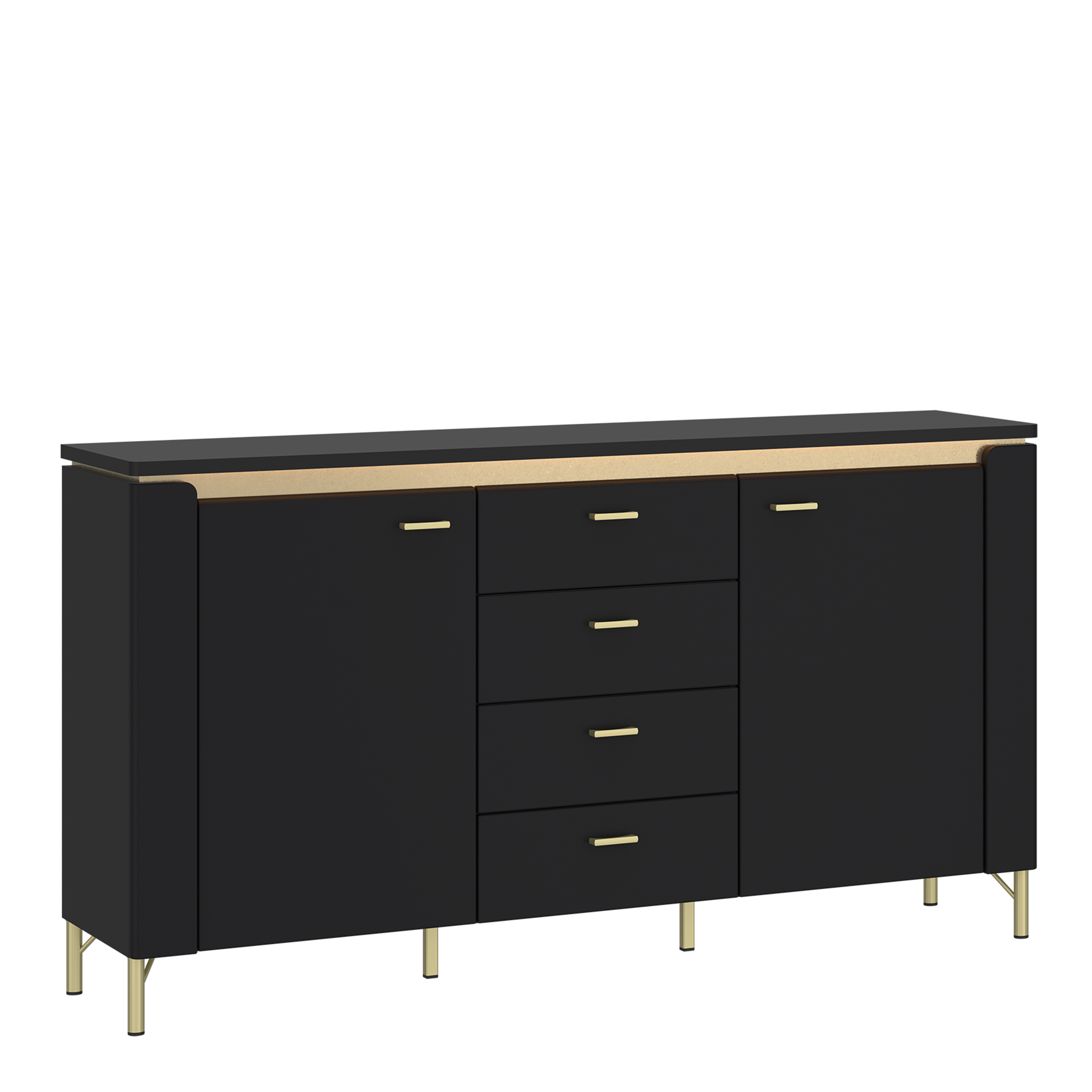Sideboard - GENOA 2 Door 4 Drawer Sideboard Black Matt and Gold 155.3cm - Rosalind Collection