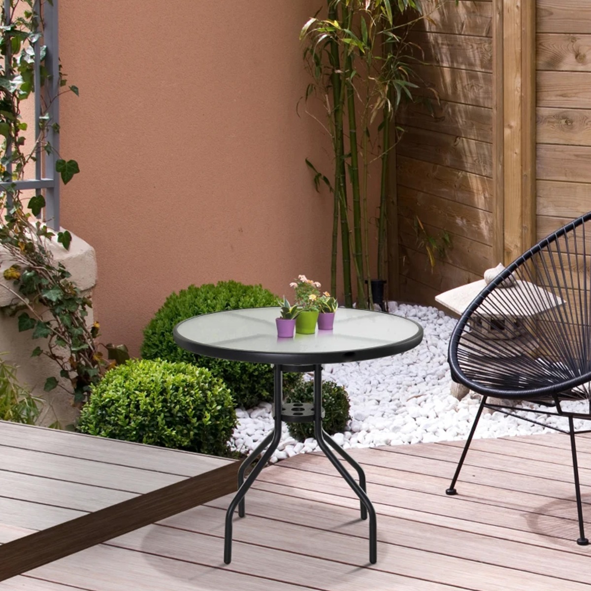 Outdoor Tempered Glass Top Round Dining Table With Parasol Hole - Black - The Garden Savant