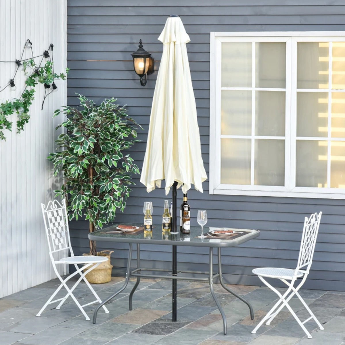 Metal Frame Aquatex Glass Garden Table with Curved Parasol Hole - Grey - The Garden Savant