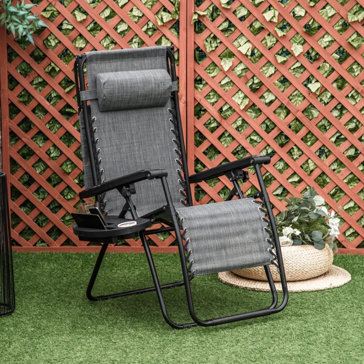 Foldable Zero Gravity Garden Sun Lounger with Cup Holder, Canopy Shade - Grey - The Garden Savant