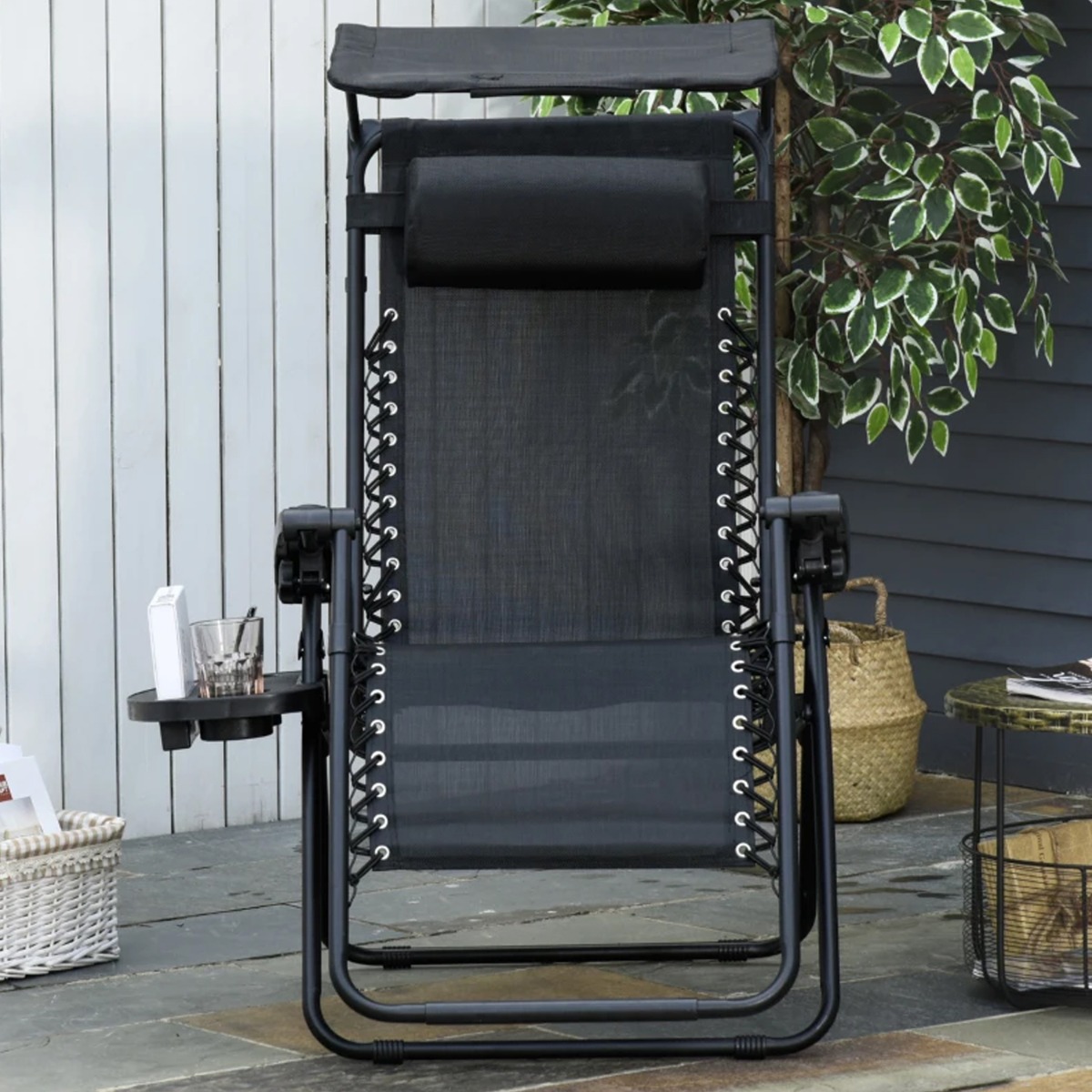 Foldable Zero Gravity Garden Sun Lounger with Cup Holder, Canopy Shade - Black - The Garden Savant