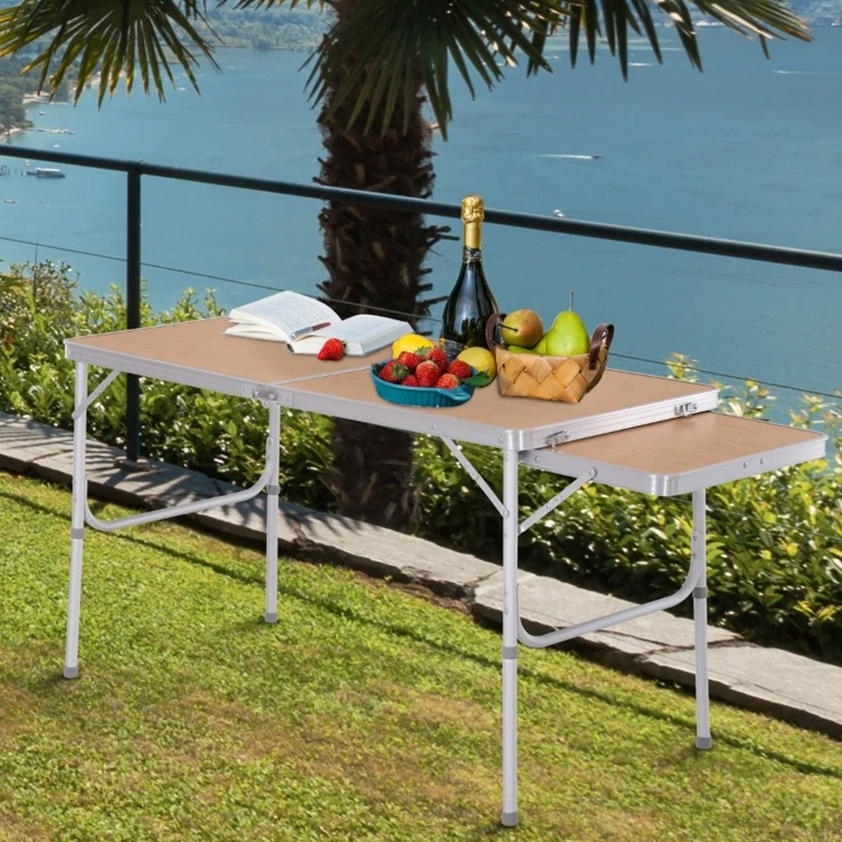Aluminium MDF Top Folding Garden 4ft Portable Table - Brown - The Garden Savant
