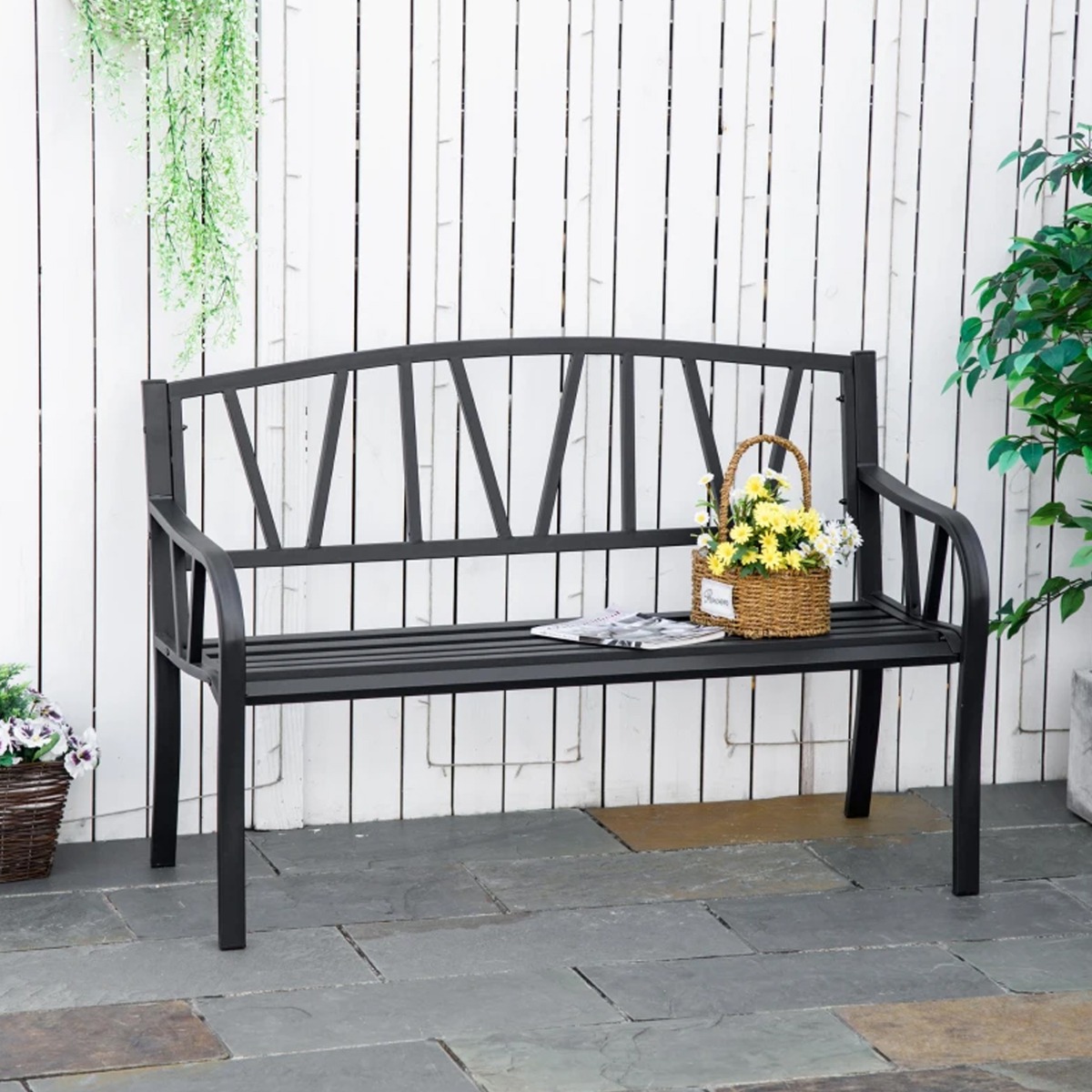 Metal Frame Decorative Backrest 2 Seater Garden Bench - Black - The Garden Savant