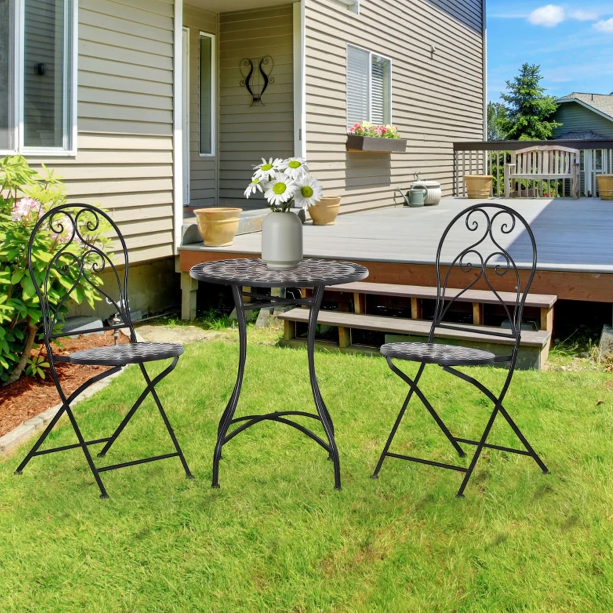 Metal Frame 3 Pcs Garden Folding Chairs Bistro Set with Coffee Table - Black - The Garden Savant
