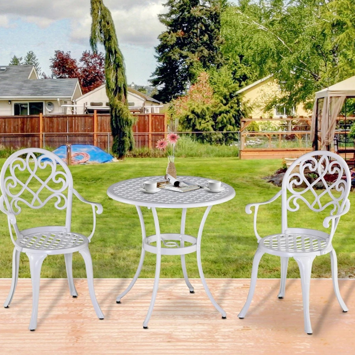 3PCs Garden Round Table with 2 Chairs Bistro Set - White - The Garden Savant