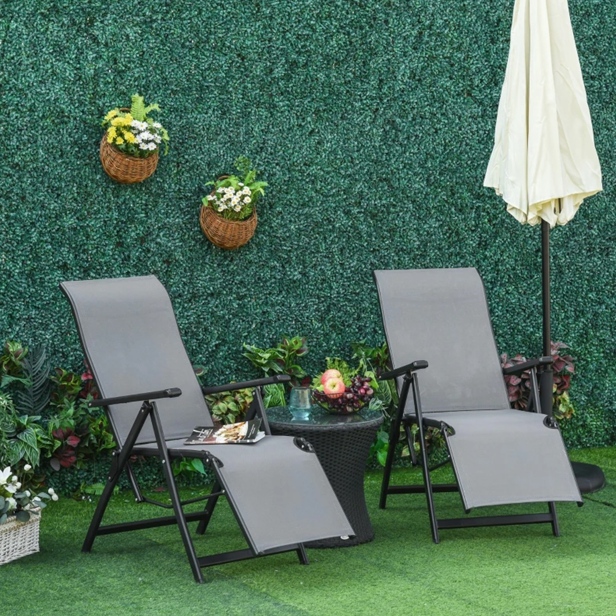Set of 2 Foldable Recliner Sun Lounger Chairs with Adjustable Back and Footrest - Black and Grey - The Garden Savant