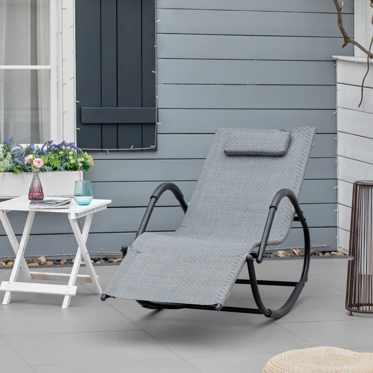 Ergonomic Shape Texteline Zero Gravity Rocking Sun Lounge with Pillow - Grey - The Garden Savant