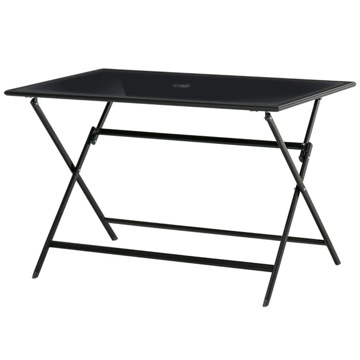Folding Rectangle Tempered Glass Top Dining Table with Parasol Hole - Black - The Garden Savant