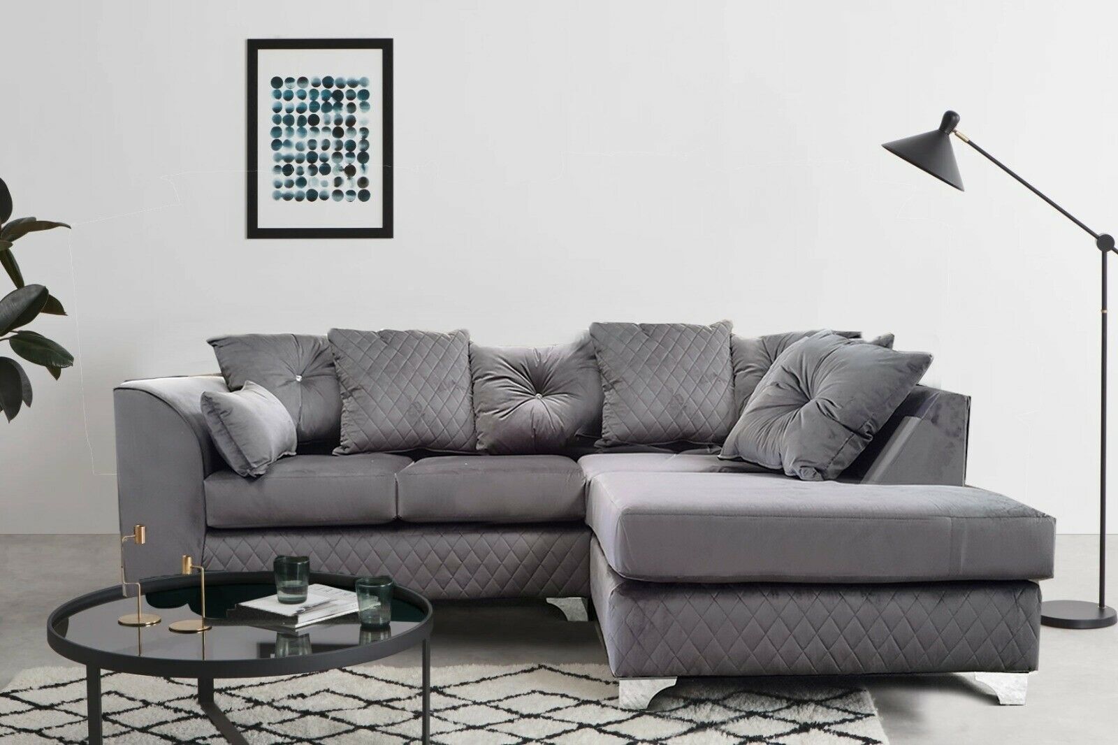 VICTORIA Plush Velvet 4 Seater L Shaped - RIght Hand Facing Corner Sofa - Grey - Steve and Co Mills