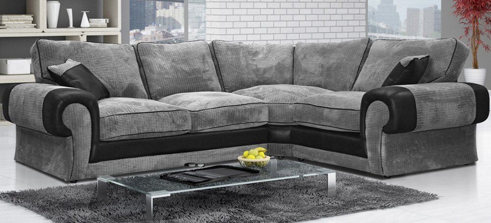 LUMA Jumbo Cord 4 Seater L Shaped - Right Hand Facing Corner Sofa - Black and Grey - Steve and Co Mills