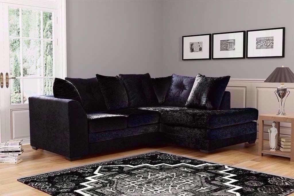MOUNI Crushed Velvet 4 Seater L Shaped - Right Hand Facing Corner Sofa - Black - Steve and Co Mills