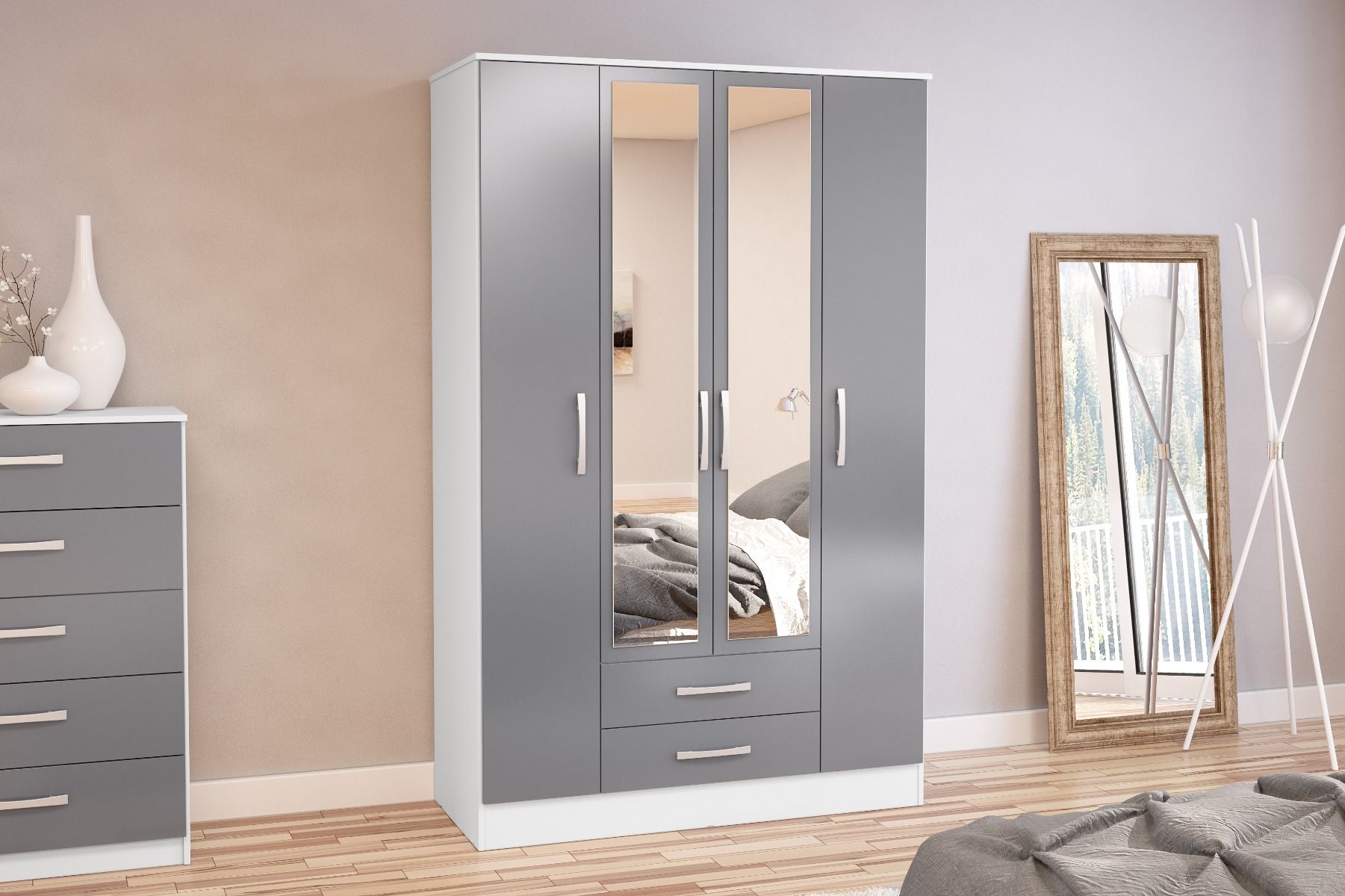 Wardrobe - LYTHAM 4 Door 2 Drawers Mirrored Wardrobe White and Grey 123.4cm - Birlea Essentials