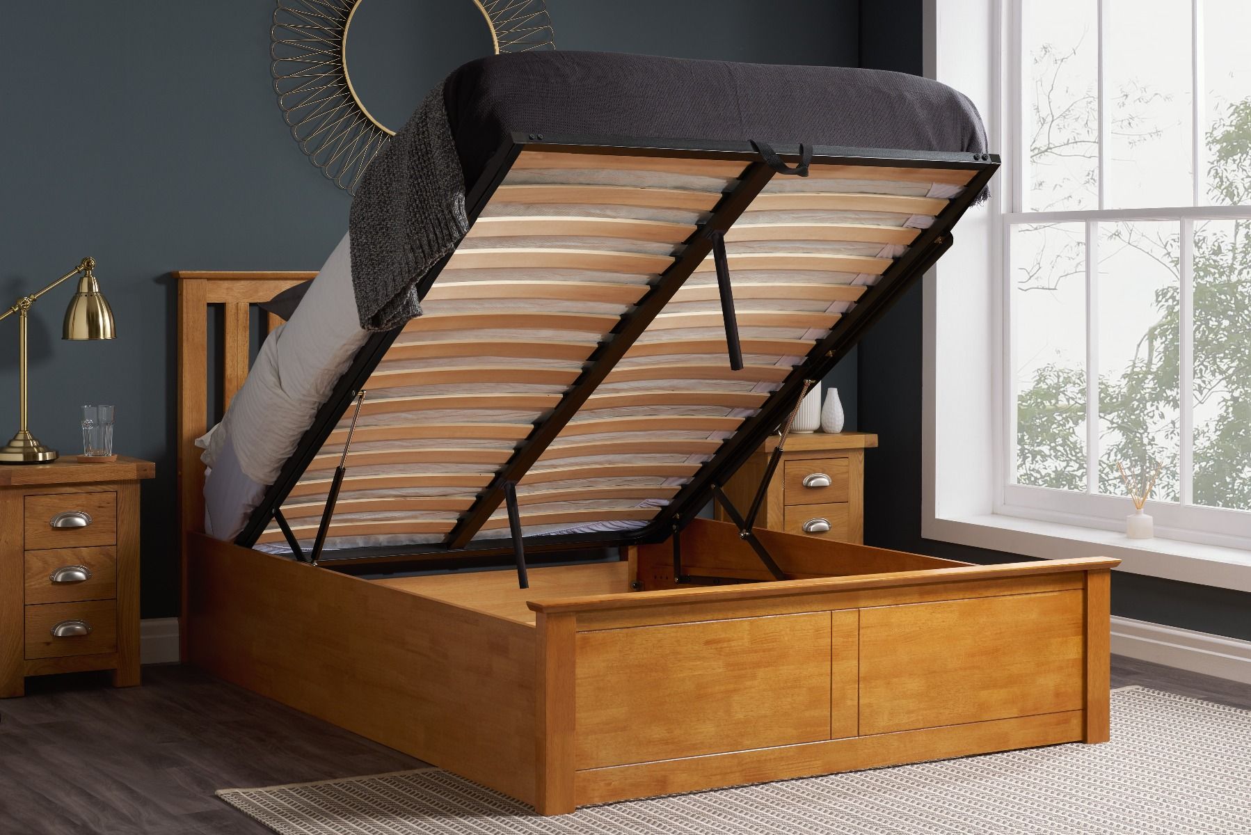 Phoenix Wooden Ottoman Storage Oak Bed - Standard Double 4ft6 - Birlea Essentials