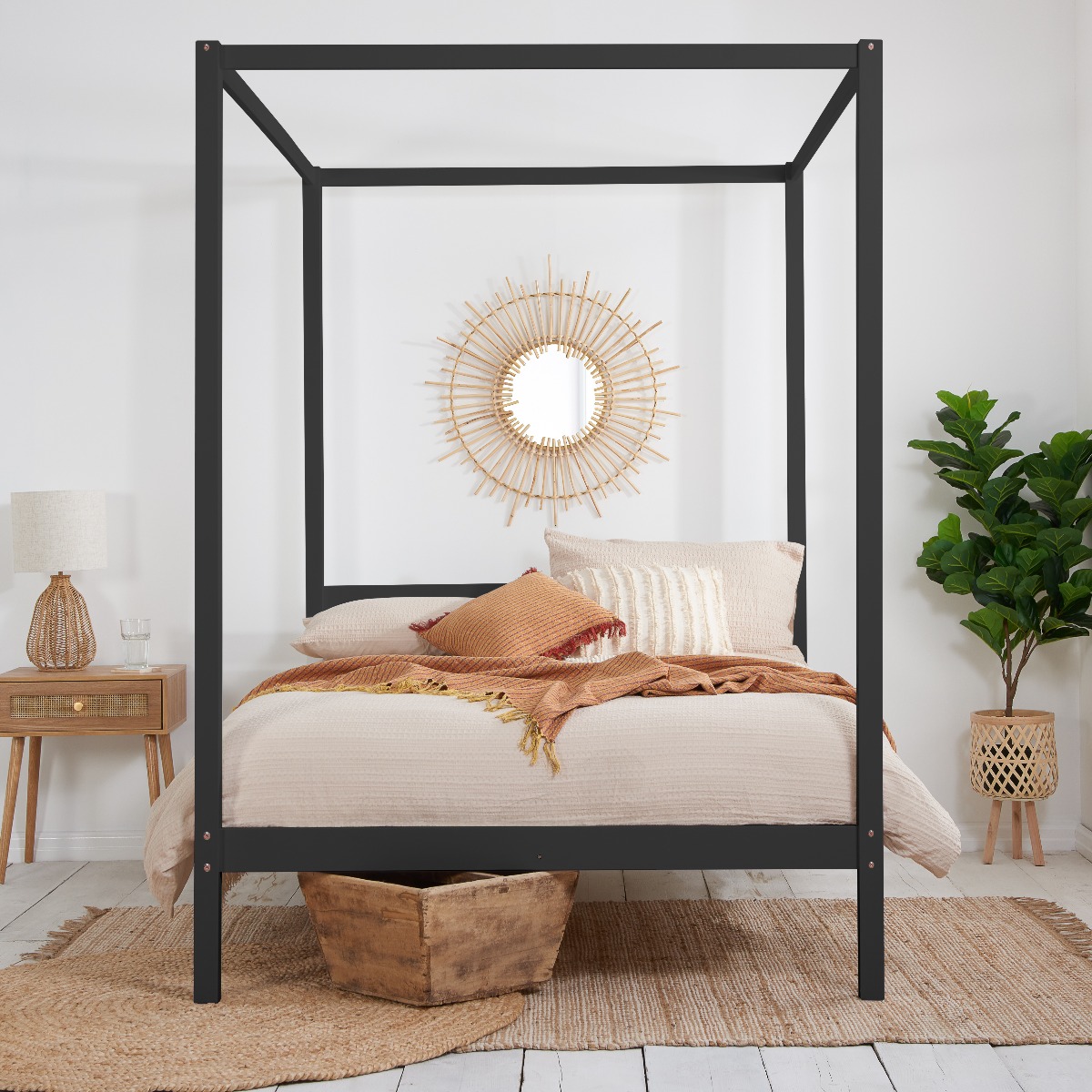 Solid Slatted Headboard Black Four Poster Bed - Standard Double 4ft6 - Birlea Essentials