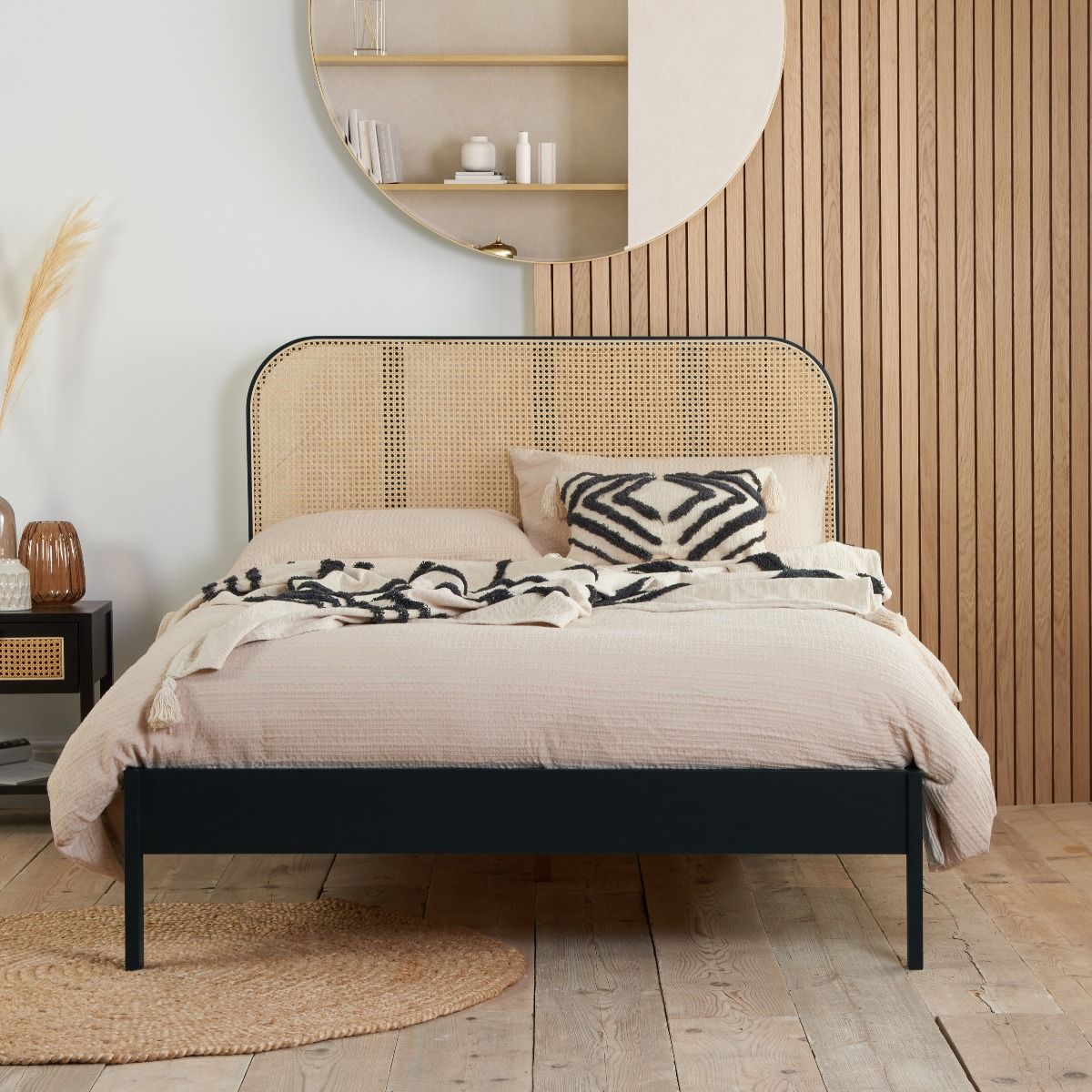 Rattan Curved Headboard Styled Solid Slats Black Bed - Kingsize 5ft - Birlea Essentials
