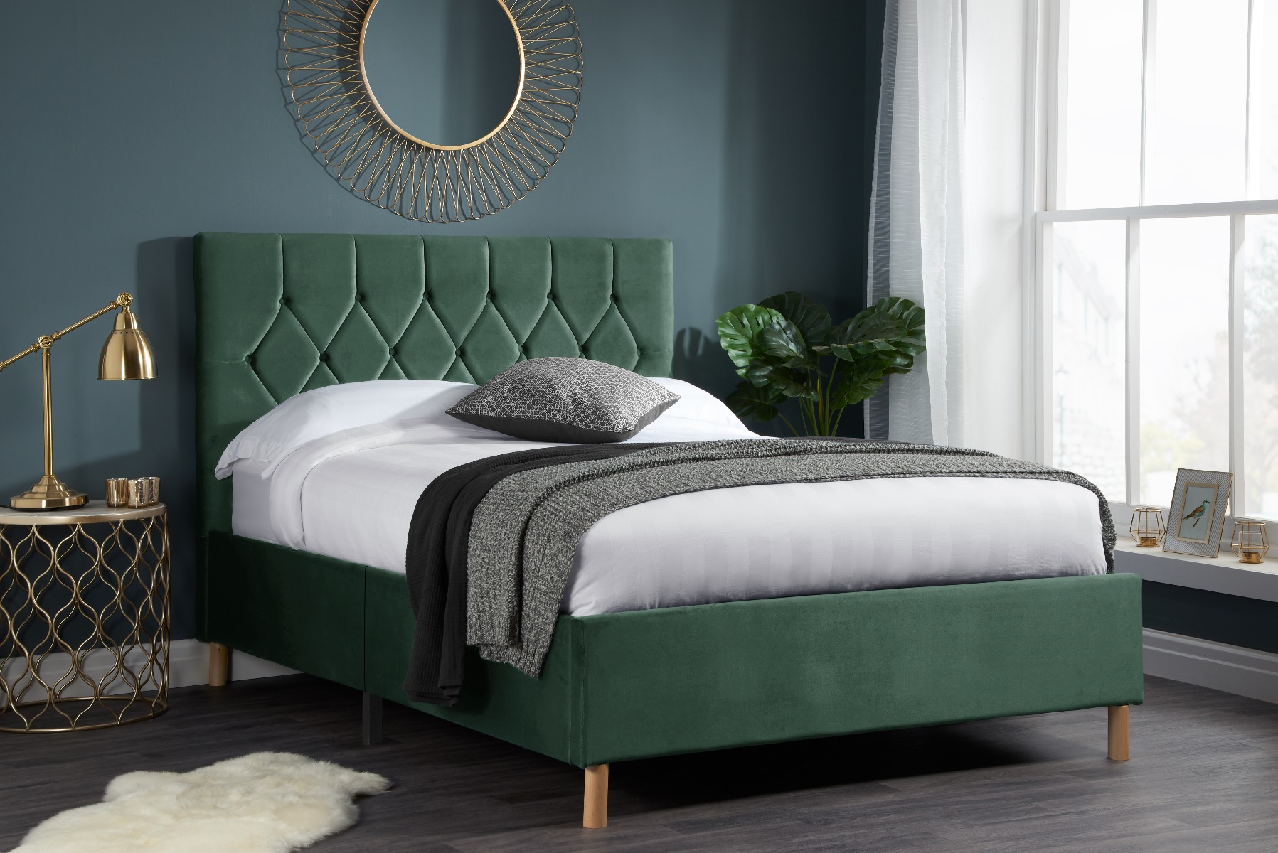 Loxley Modern Upholstered Green Fabric Bed - Standard Double 4ft6 - Birlea Essentials