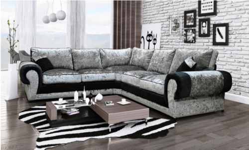 CAMLI Crushed Velvet 5 Seater L Shaped Fullback Corner Sofa - Black with Silver - Steve and Co Mills