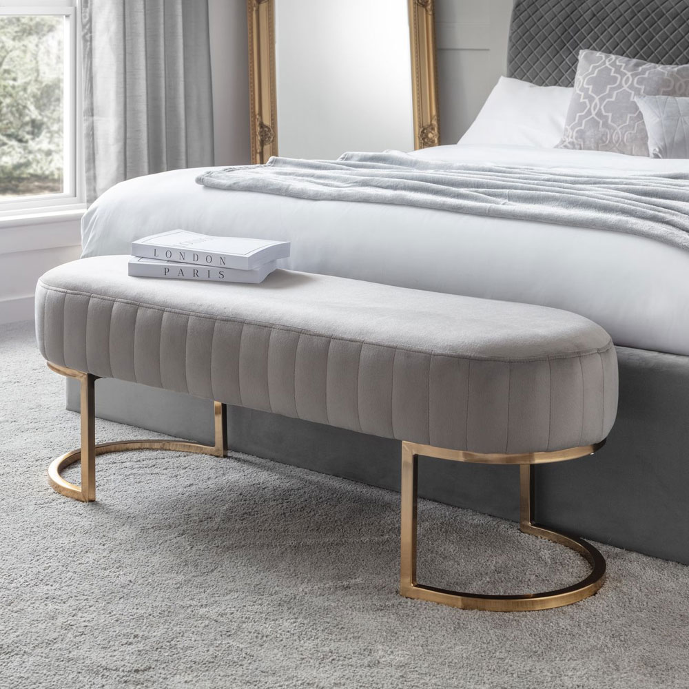 Harrogate Luxury Velvet Fabric With Gold Legs Bench - Grey - JB Collections