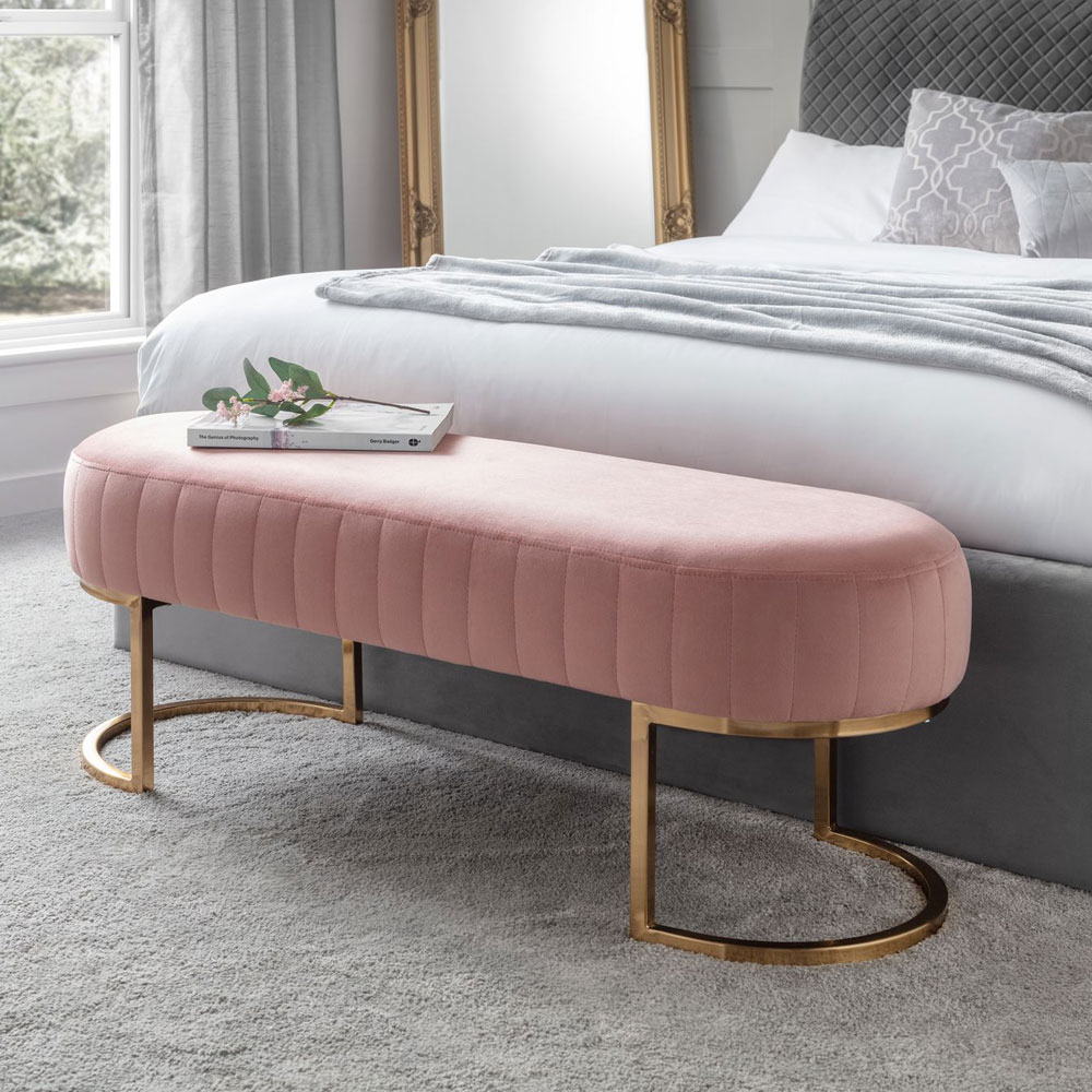 Harrogate Luxury Velvet Fabric With Gold Legs Bench - Pink - JB Collections