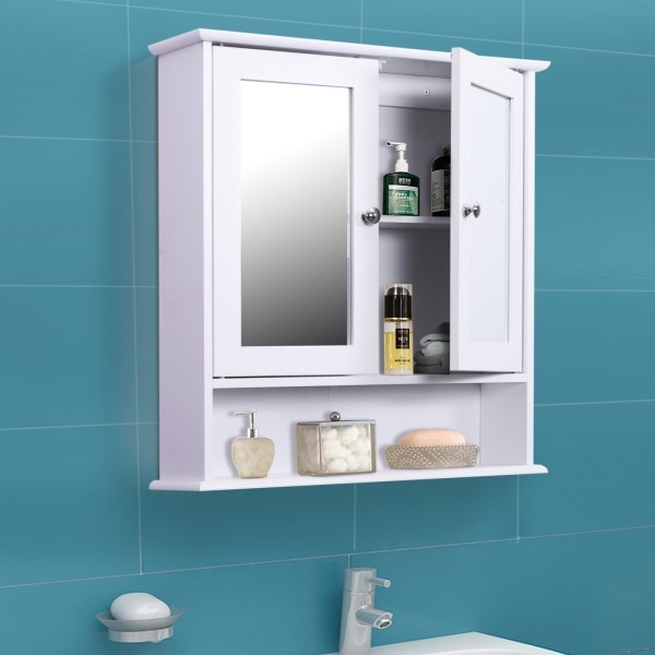 Kleankin Bathroom Mirror Wall Storage Cabinet - White - Home Deals
