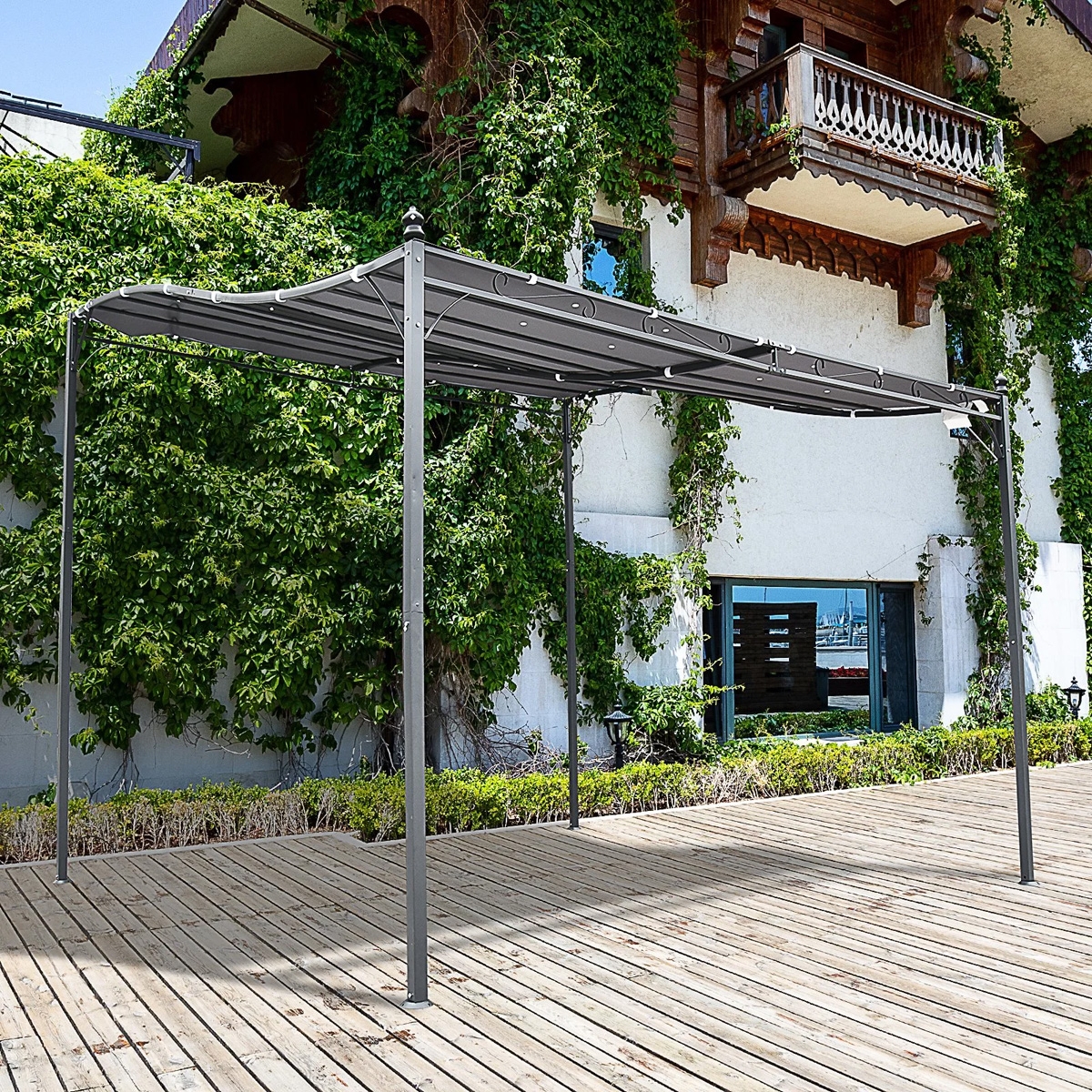 3x3m Freestanding Metal Wall Awning Canopy - Grey - The Garden Savant