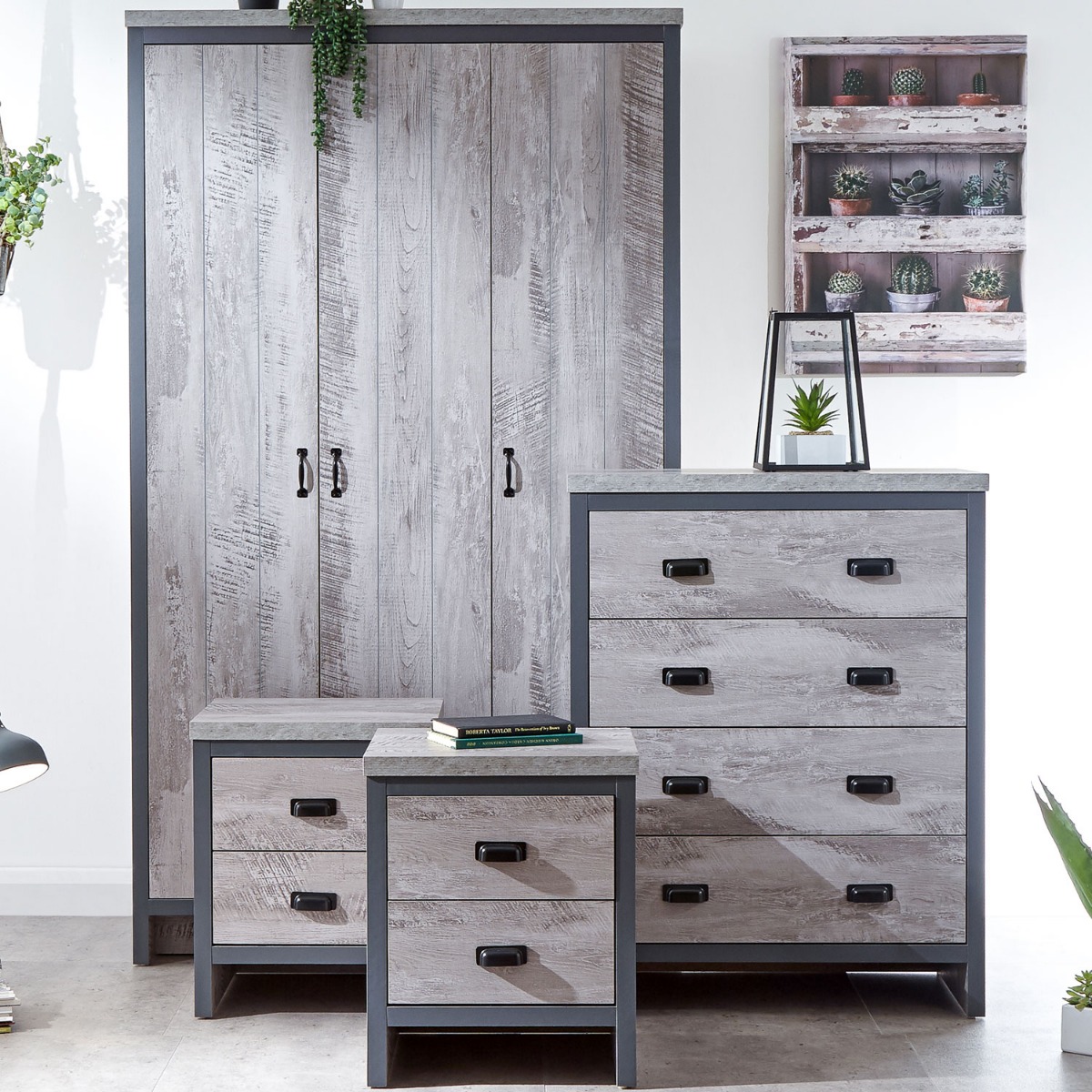Wardrobe Set - BELONA 3 Door Bedroom Set 4 Piece Grey 105cm - Campbell Craft