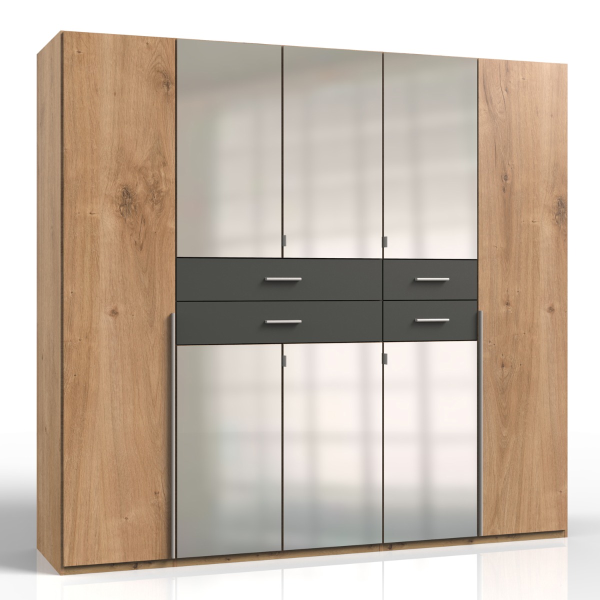 Wardrobe - DENMARK 5 Door Mirrored Wardrobe Finish Oak and Graphite 225cm - Wimex Distribution