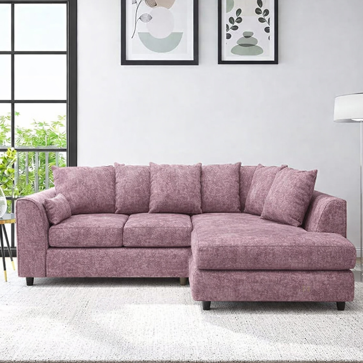 LORVANI Fabric 4 Seater L Shaped Scatterback Corner Sofa - Pink, Right Hand Facing - Home Done