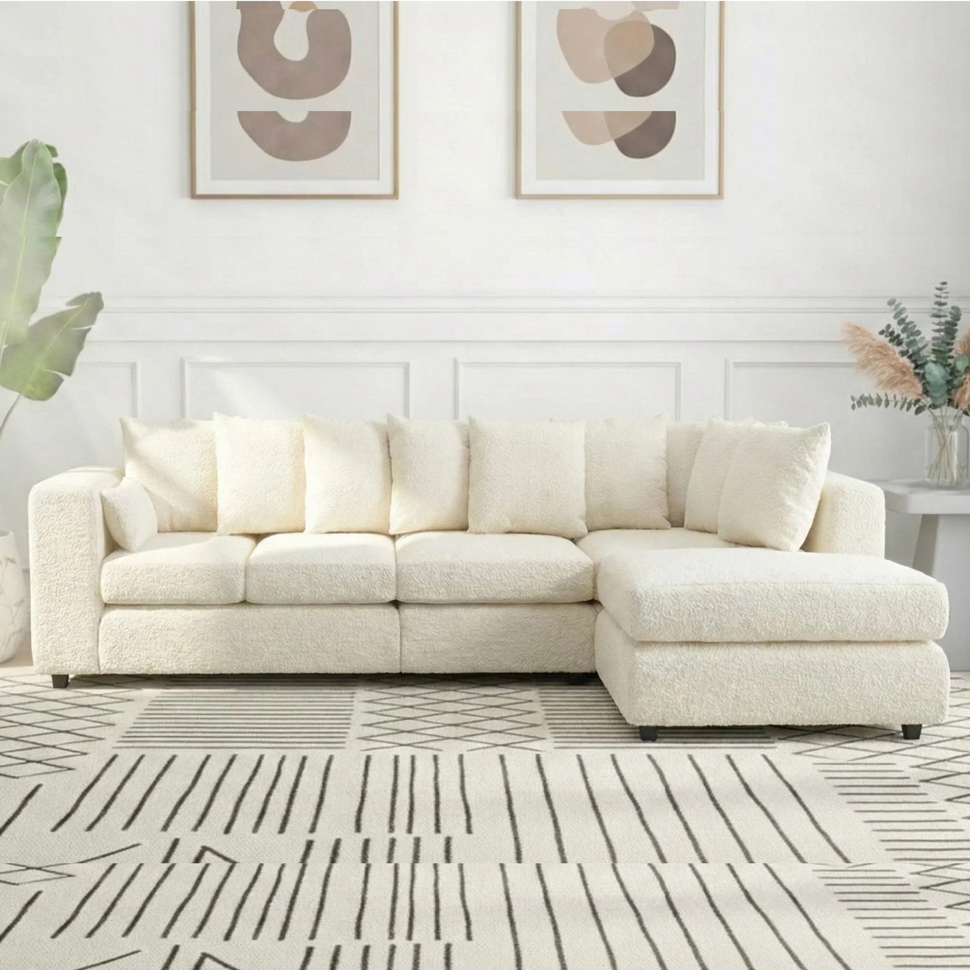 BELVANO Boucle Fabric Large 5 Seater L Shaped Scatterback Corner Sofa - Ivory, Right Hand Facing - Home Done